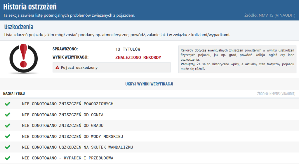 Jak sprawdzić historię samochodu po vinie - część raportu USA